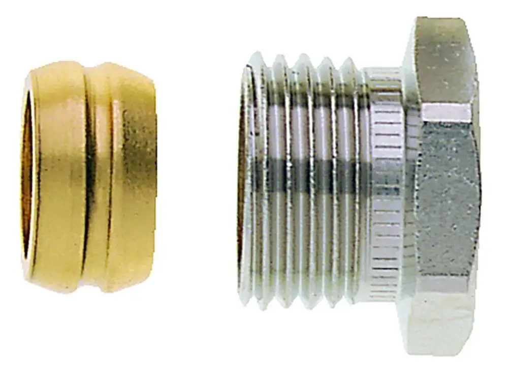 Zwei Klemmverschraubungen aus Metall, eine goldfarbene und eine vernickelte, nebeneinander. Produkte von IMI Hydronic Engineering für Rohrverbindungen.